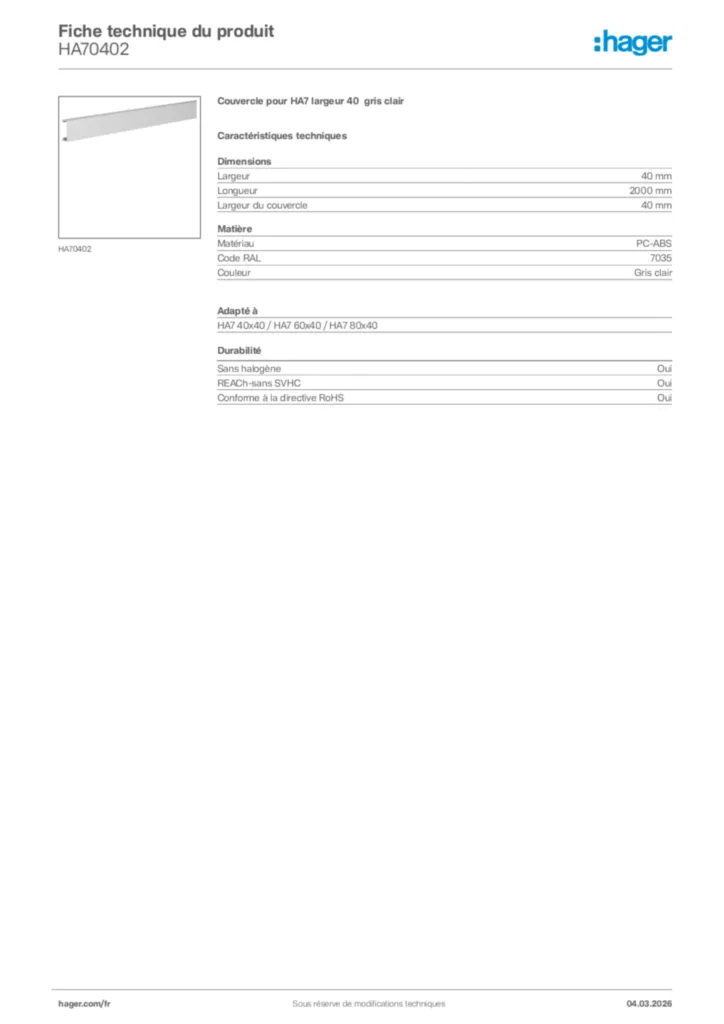 Image Hager Fiche technique du produit HA70402 | Hager France
