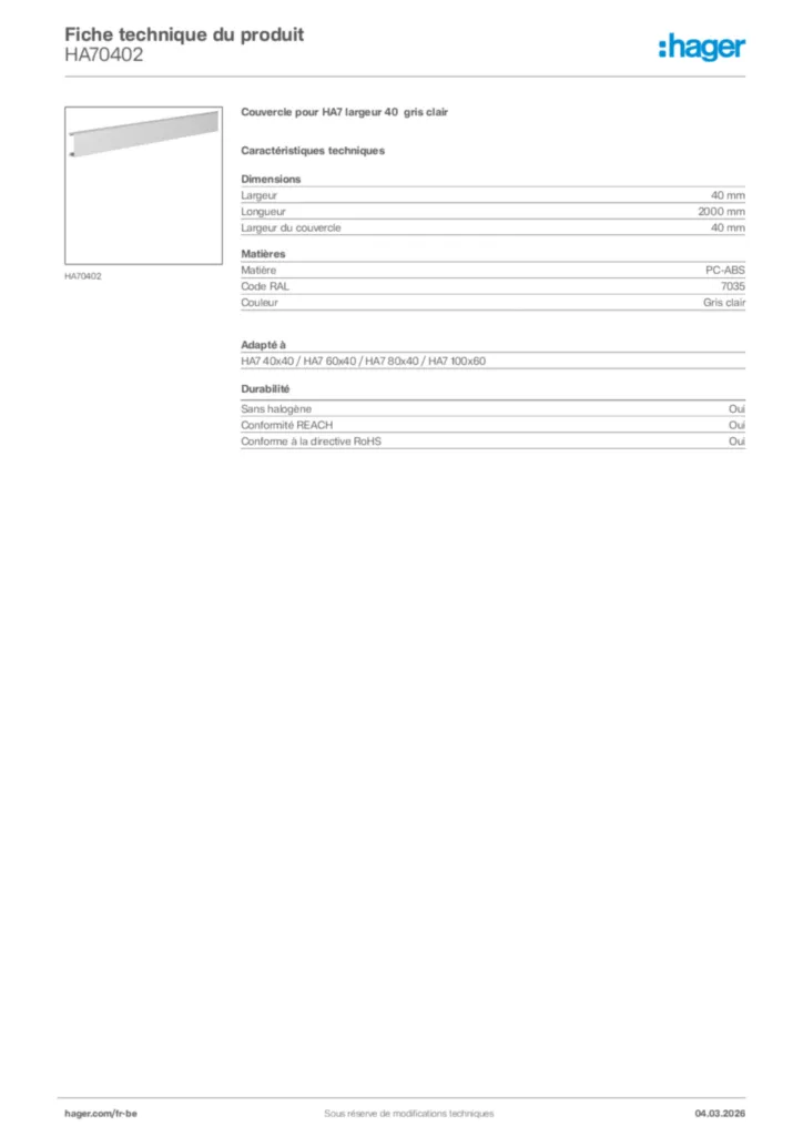 Image Hager Fiche technique du produit HA70402 | Hager Belgique
