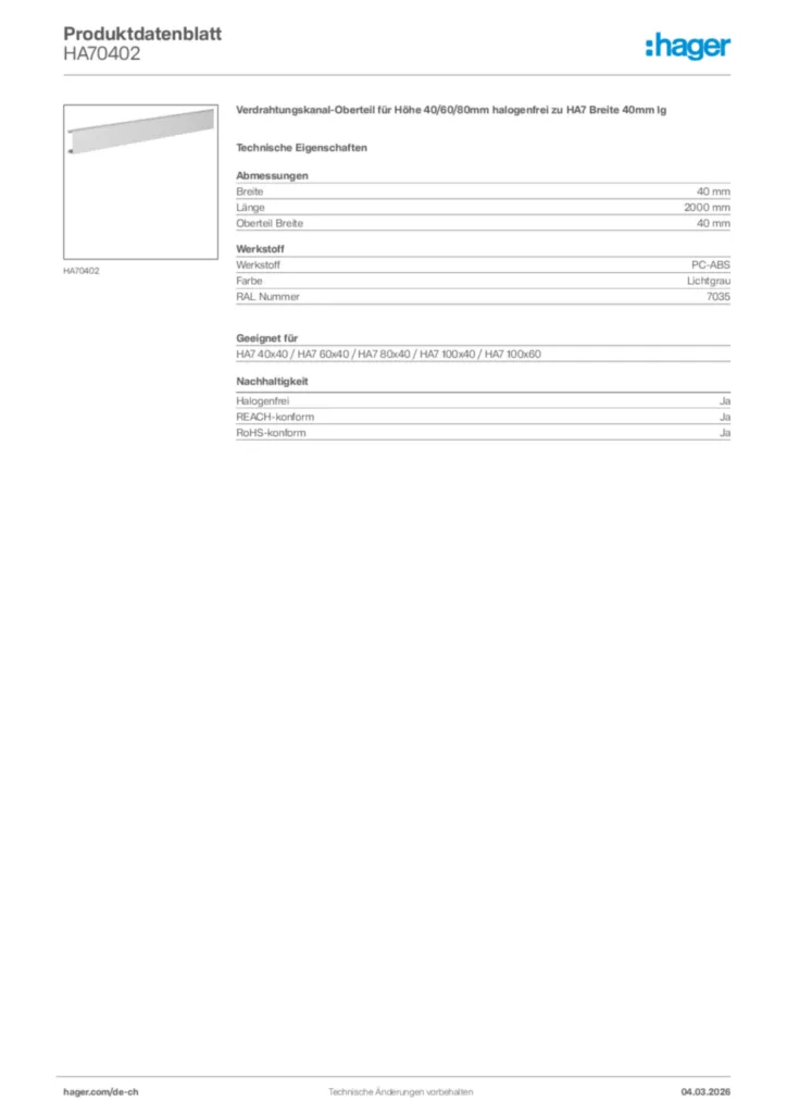 Bild Hager Produktdatenblatt HA70402 | Hager Schweiz