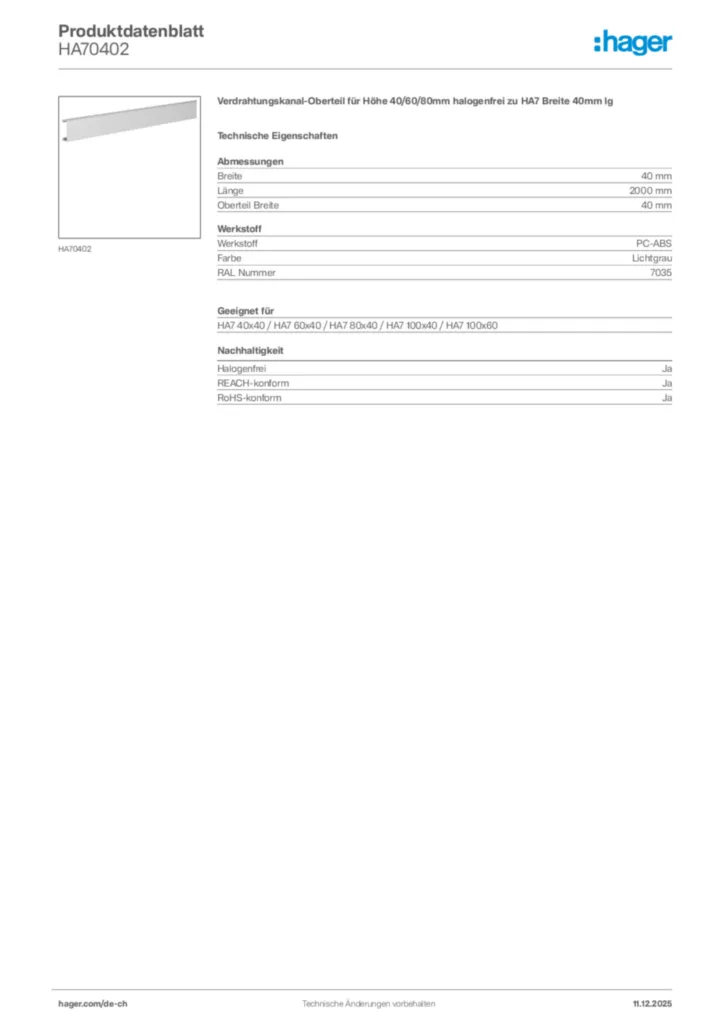 Bild Hager Produktdatenblatt HA70402 | Hager Schweiz