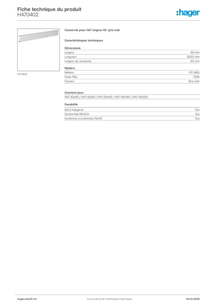 Image Hager Fiche technique du produit HA70402 | Hager Suisse
