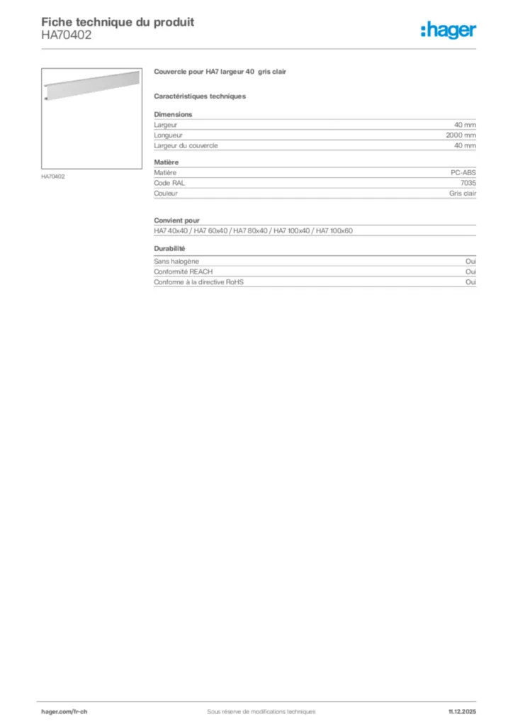 Image Hager Fiche technique du produit HA70402 | Hager Suisse