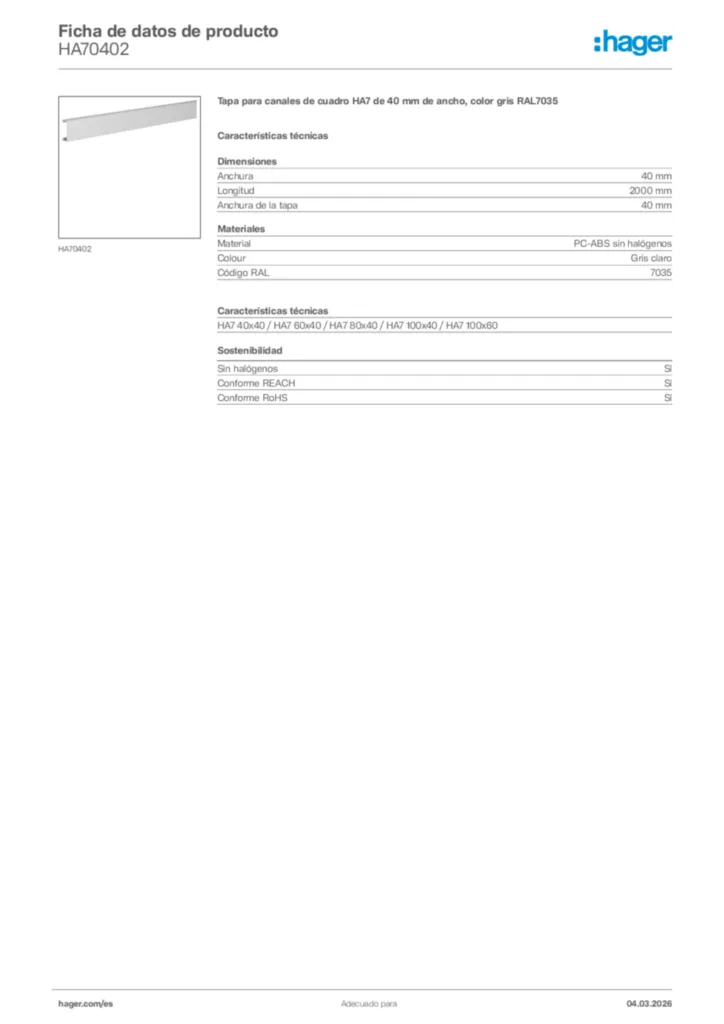 Imagen Hager Ficha de datos de producto HA70402 | Hager España