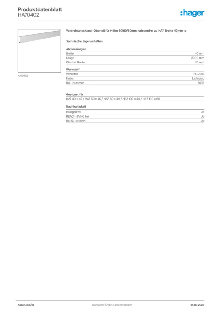 Bild Hager Produktdatenblatt HA70402 | Hager Deutschland