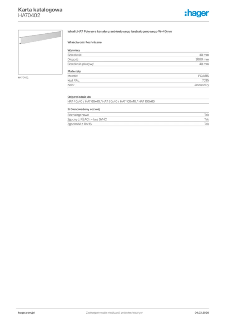 Zdjęcie Hager Karta katalogowa HA70402 | Hager Polska