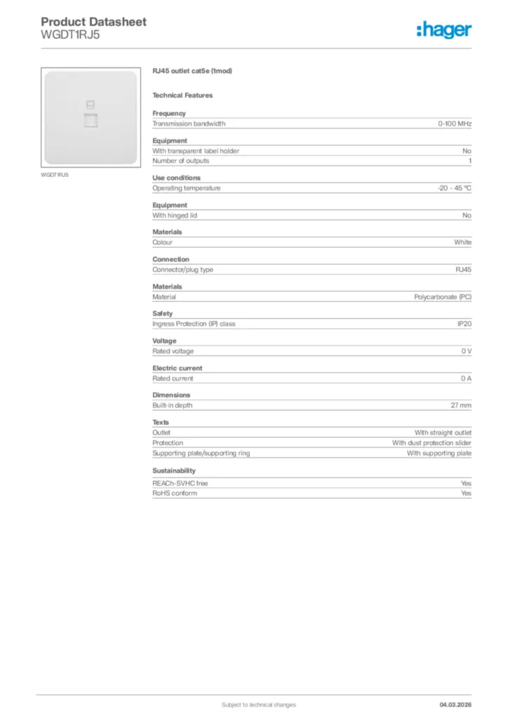 Image Hager Product data sheet WGDT1RJ5  | Hager