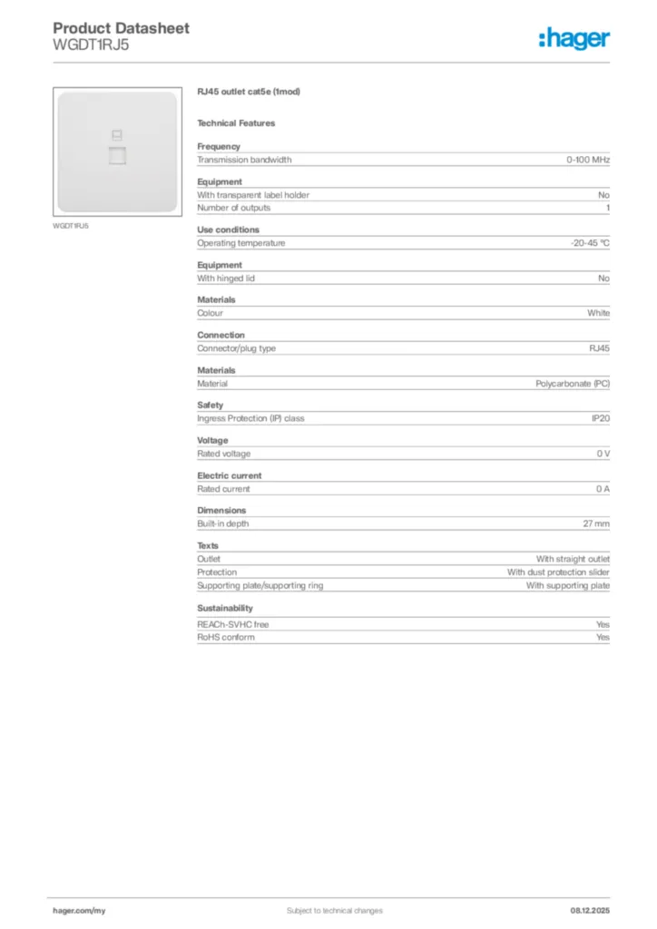 Image Hager Product data sheet WGDT1RJ5  | Hager