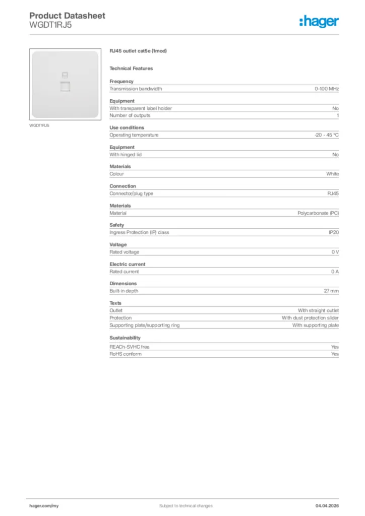 Image Hager Product data sheet WGDT1RJ5  | Hager