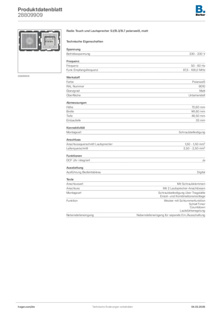 Bild Berker Produktdatenblatt 28809909 | Hager Deutschland