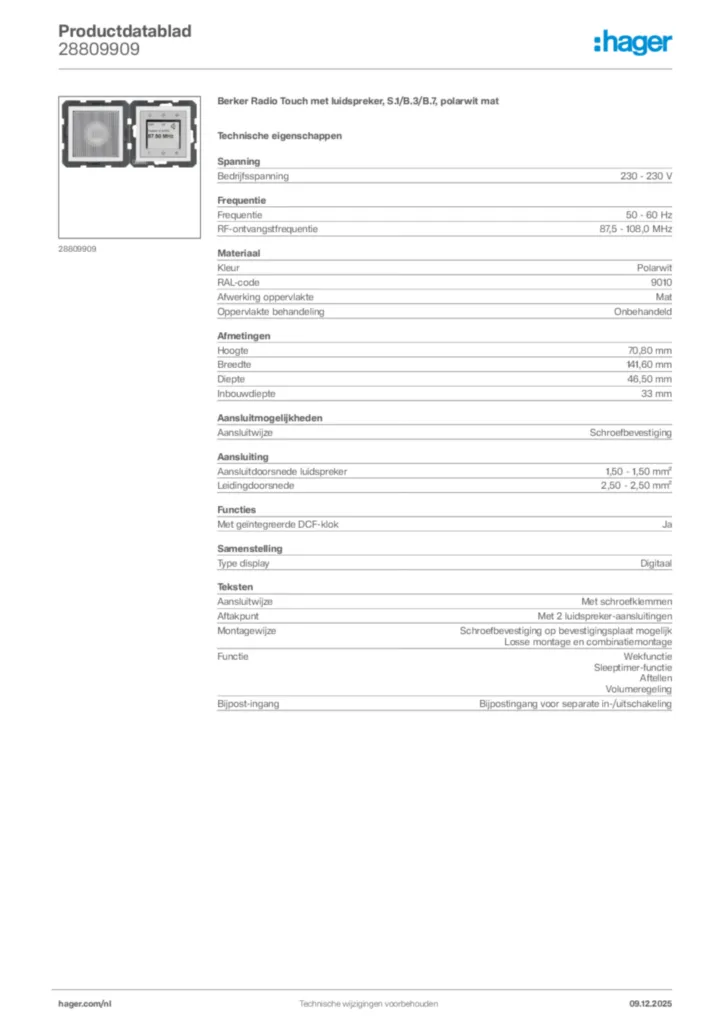 Afbeelding Hager Productdatablad 28809909 | Hager Nederland