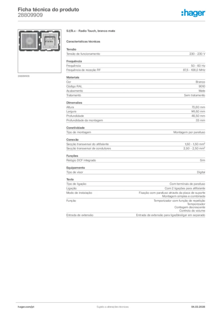 Imagem Hager Ficha técnica do produto 28809909 | Hager Portugal