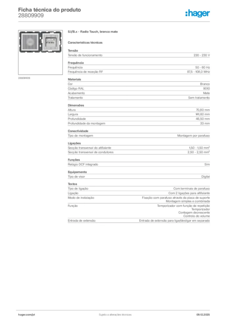 Imagem Hager Ficha técnica do produto 28809909 | Hager Portugal