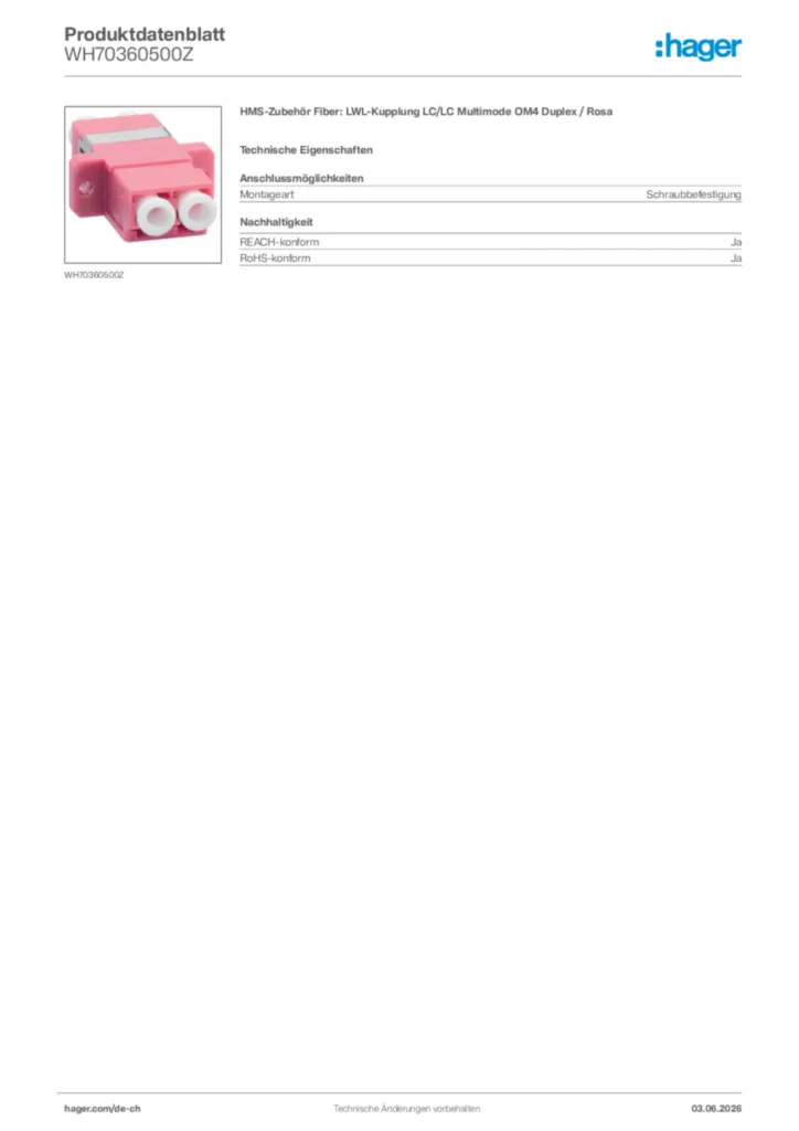Bild Hager Produktdatenblatt WH70360500Z | Hager Schweiz