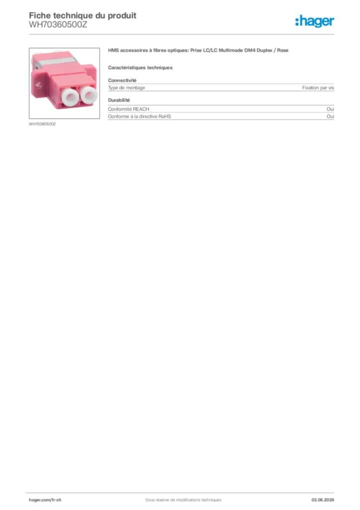 Image Hager Fiche technique du produit WH70360500Z | Hager Suisse