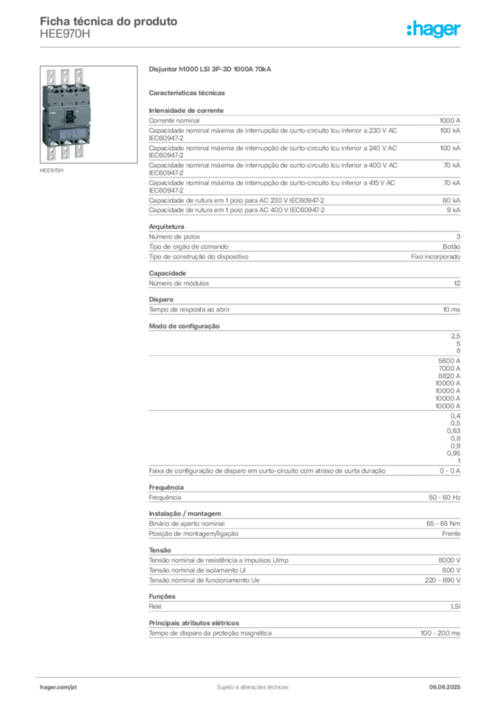 Imagem Hager Ficha técnica do produto HEE970H | Hager Portugal