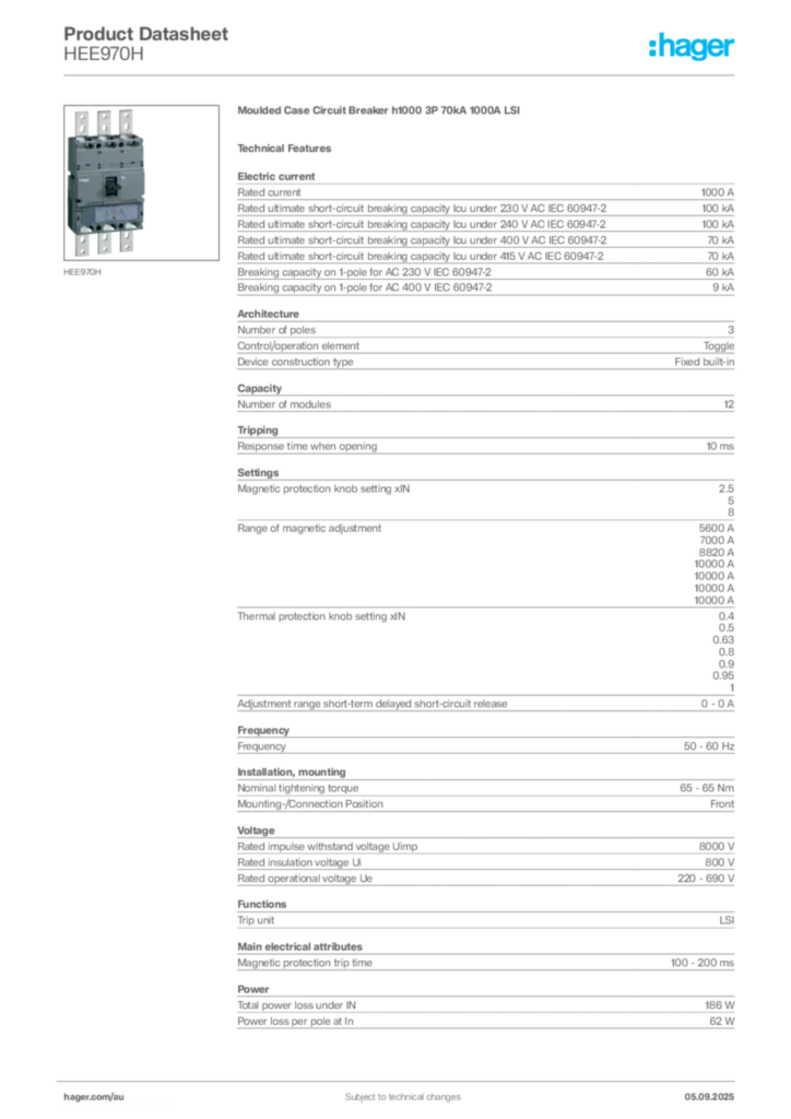 Image Hager Product data sheet HEE970H  | Hager Australia