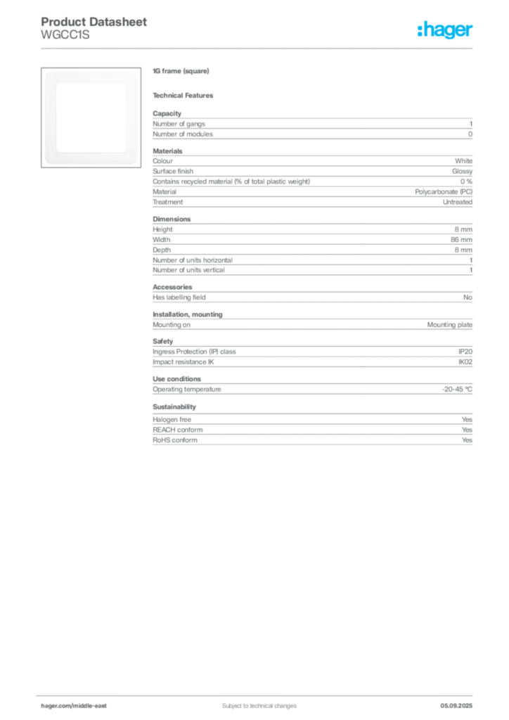 Image Hager Product data sheet WGCC1S  | Hager