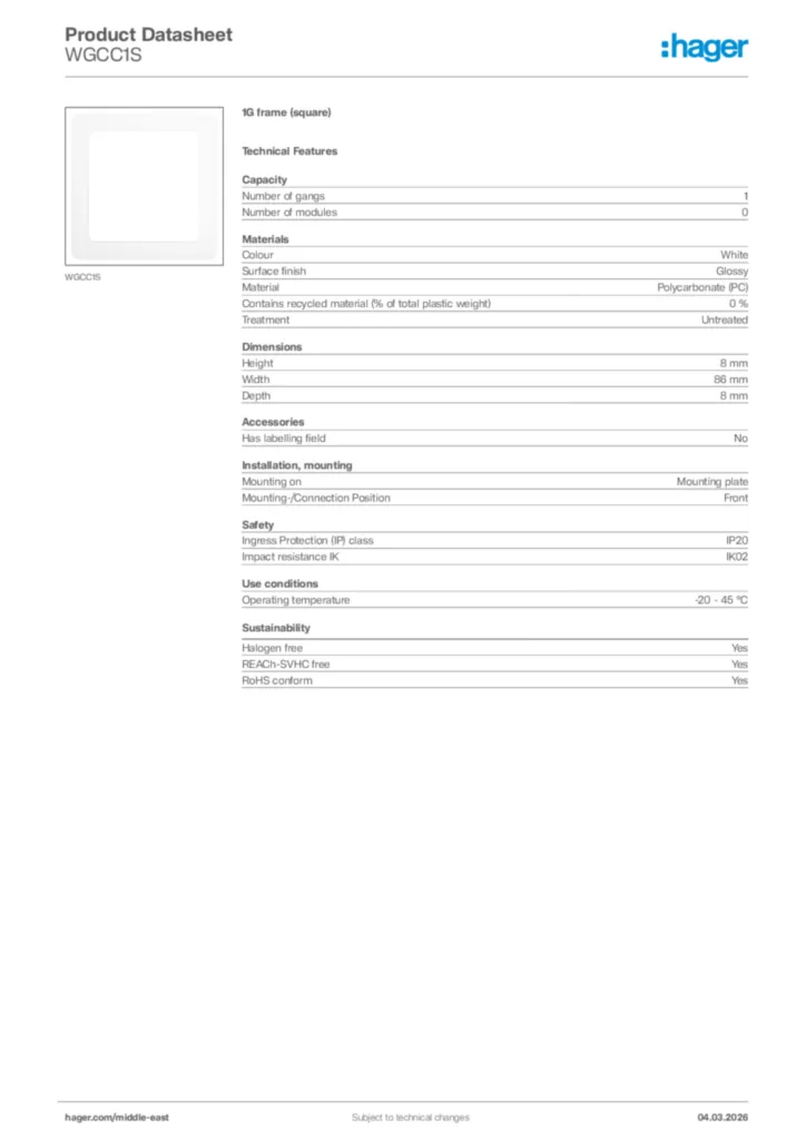 Image Hager Product data sheet WGCC1S  | Hager
