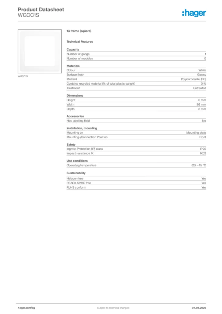 Image Hager Product data sheet WGCC1S  | Hager