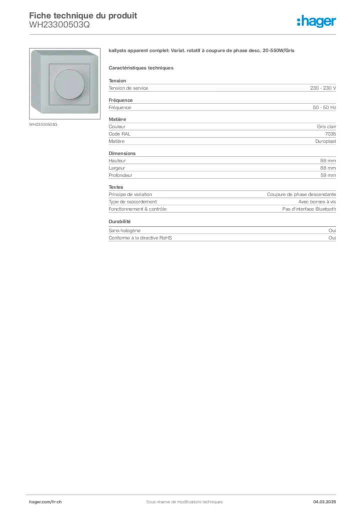 Image Hager Fiche technique du produit WH23300503Q | Hager Suisse