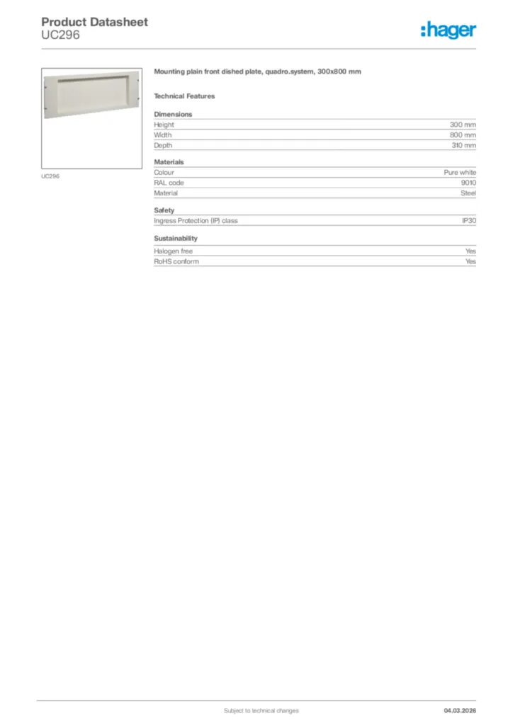 Image Hager Product data sheet UC296  | Hager Africa