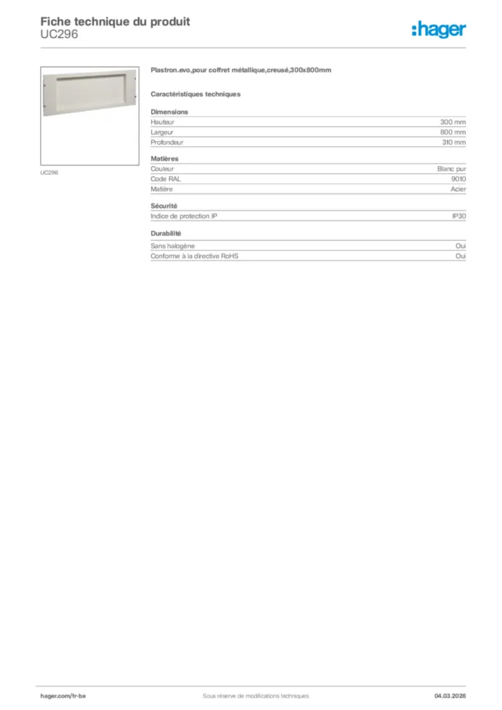 Image Hager Fiche technique du produit UC296 | Hager Belgique