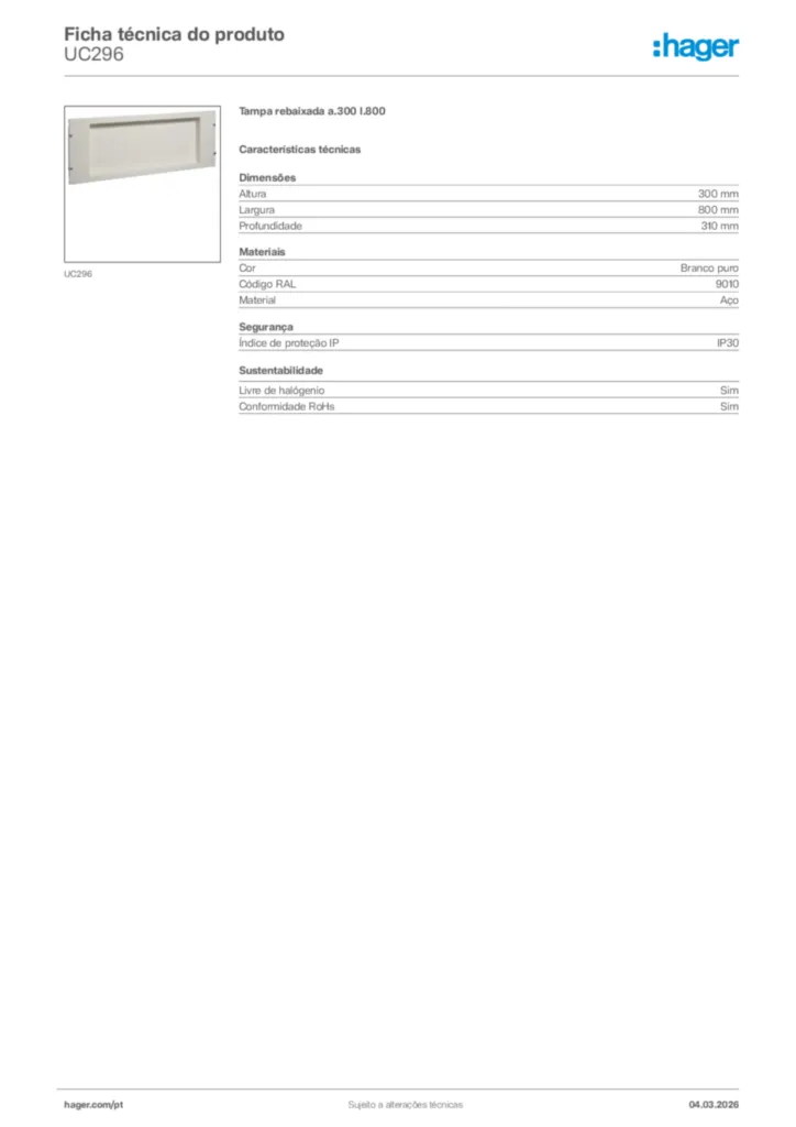 Imagem Hager Ficha técnica do produto UC296 | Hager Portugal