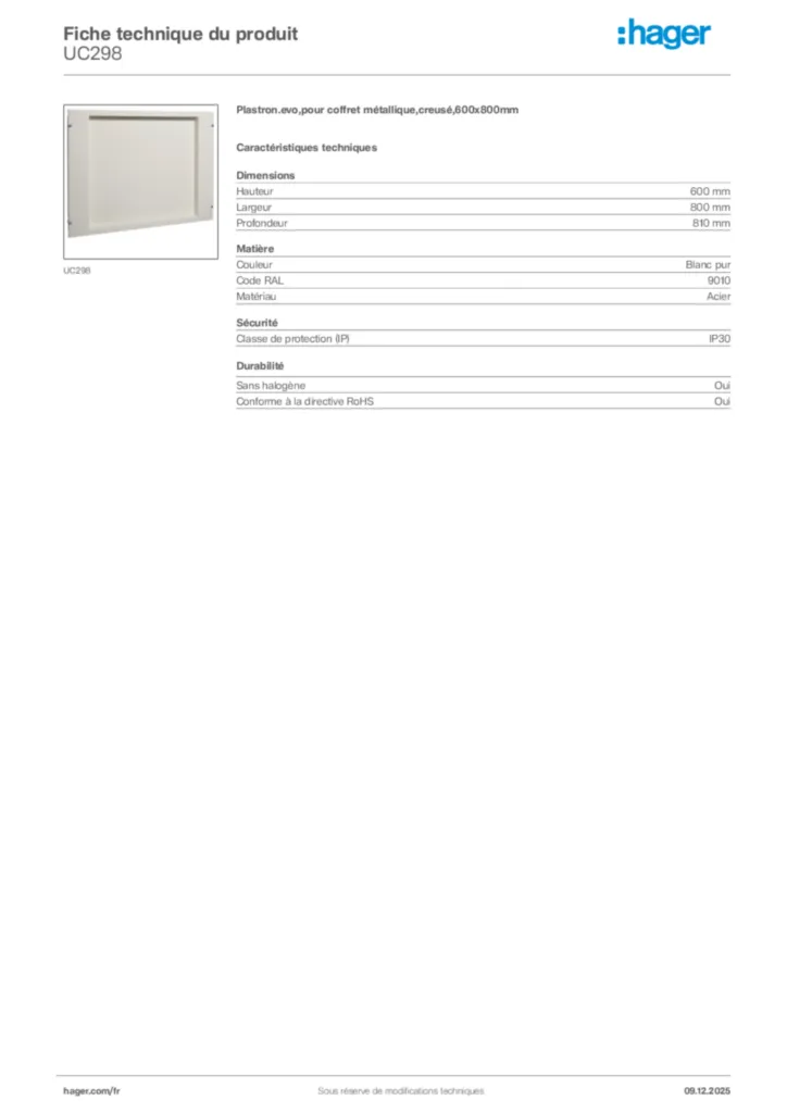 Image Hager Fiche technique du produit UC298 | Hager France