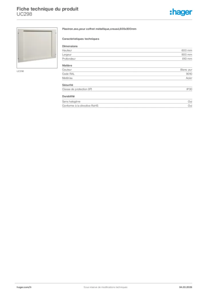 Image Hager Fiche technique du produit UC298 | Hager France