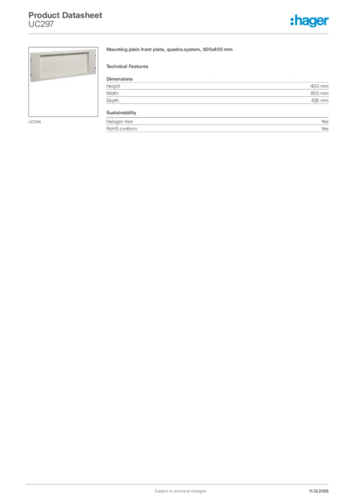Image Hager Product data sheet UC297  | Hager Africa