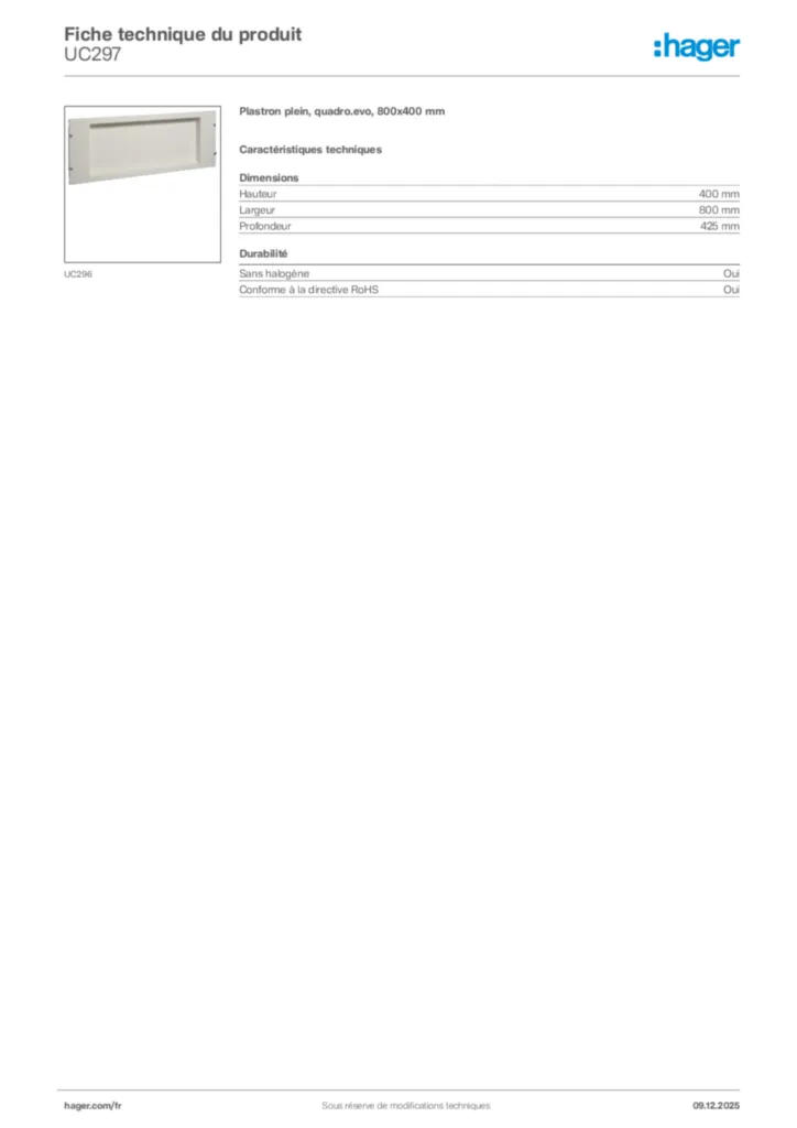 Image Hager Fiche technique du produit UC297 | Hager France