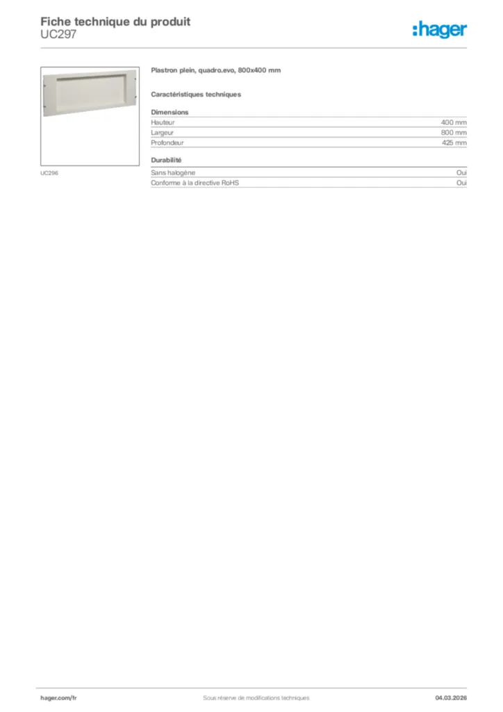 Image Hager Fiche technique du produit UC297 | Hager France