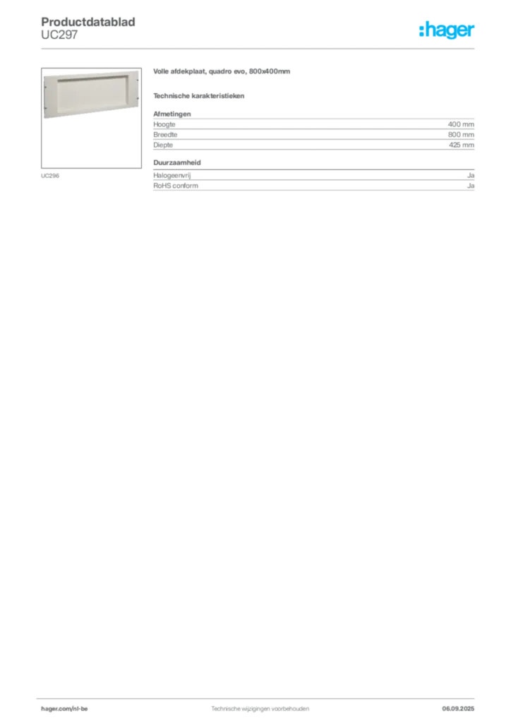 Afbeelding Hager Productdatablad UC297 | Hager Belgium