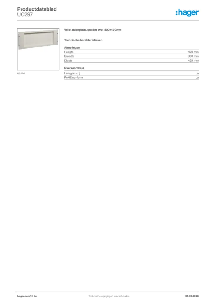 Afbeelding Hager Productdatablad UC297 | Hager Belgium