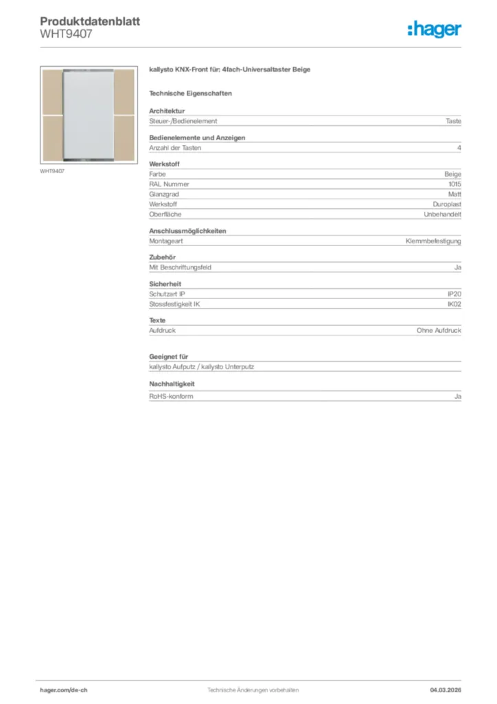 Bild Hager Produktdatenblatt WHT9407 | Hager Schweiz