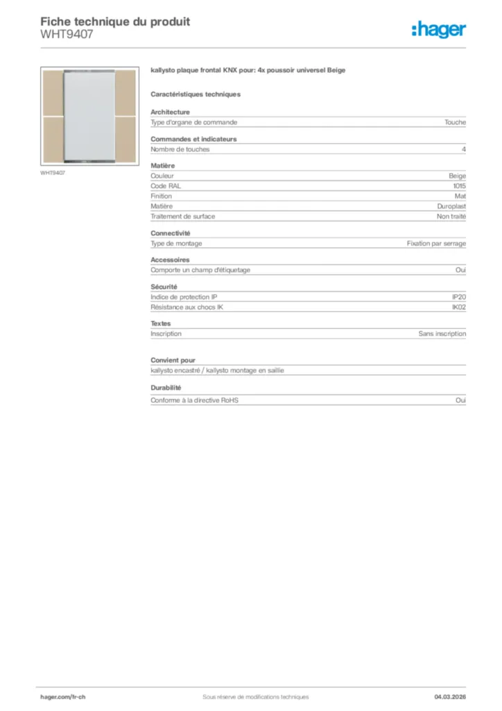 Image Hager Fiche technique du produit WHT9407 | Hager Suisse