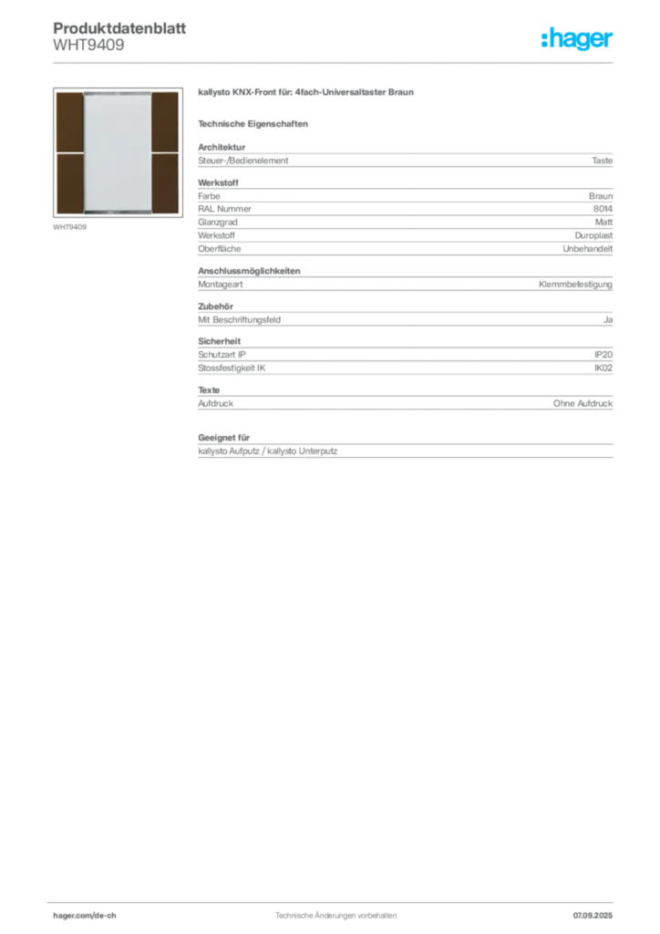 Bild Hager Produktdatenblatt WHT9409 | Hager Schweiz