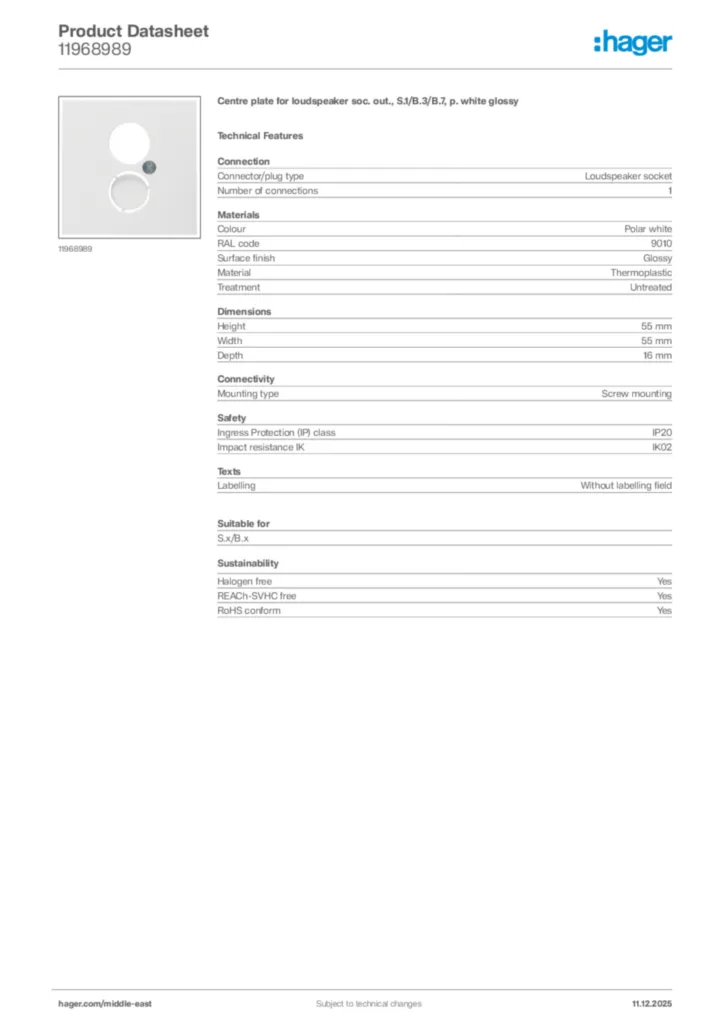 Image Hager Product data sheet 11968989  | Hager