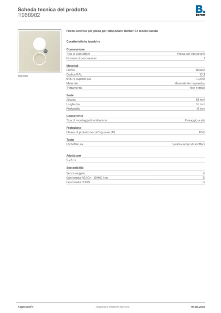 Immagine Berker Scheda tecnica del prodotto 11968982 | Hager Italia