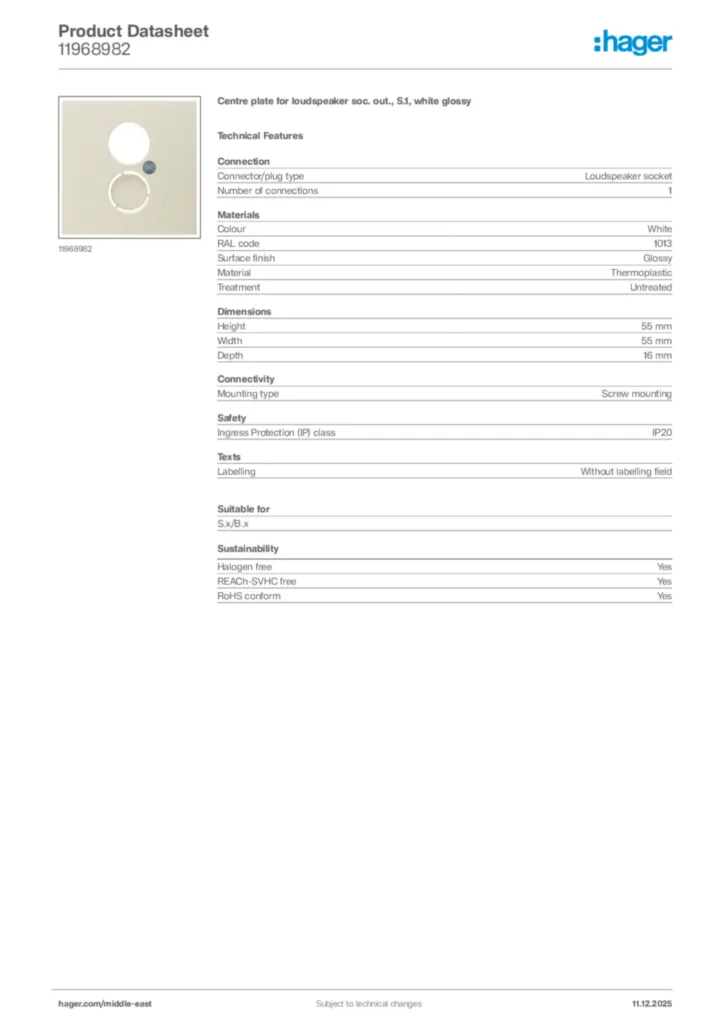 Image Hager Product data sheet 11968982  | Hager