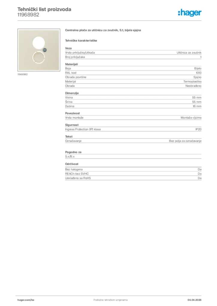 Slika Hager Tehnički list proizvoda 11968982  | Hager