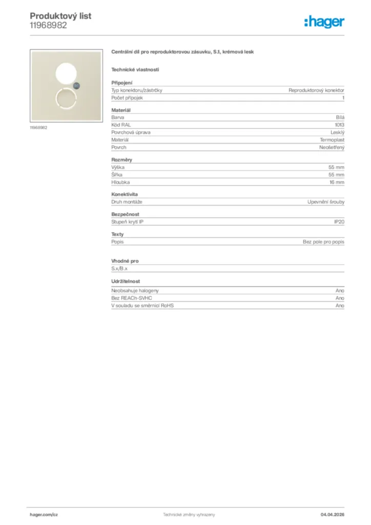 Obrázek Hager Product data sheet 11968982 | Hager