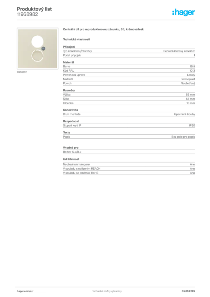 Obrázek Hager Produktový list 11968982 | Hager