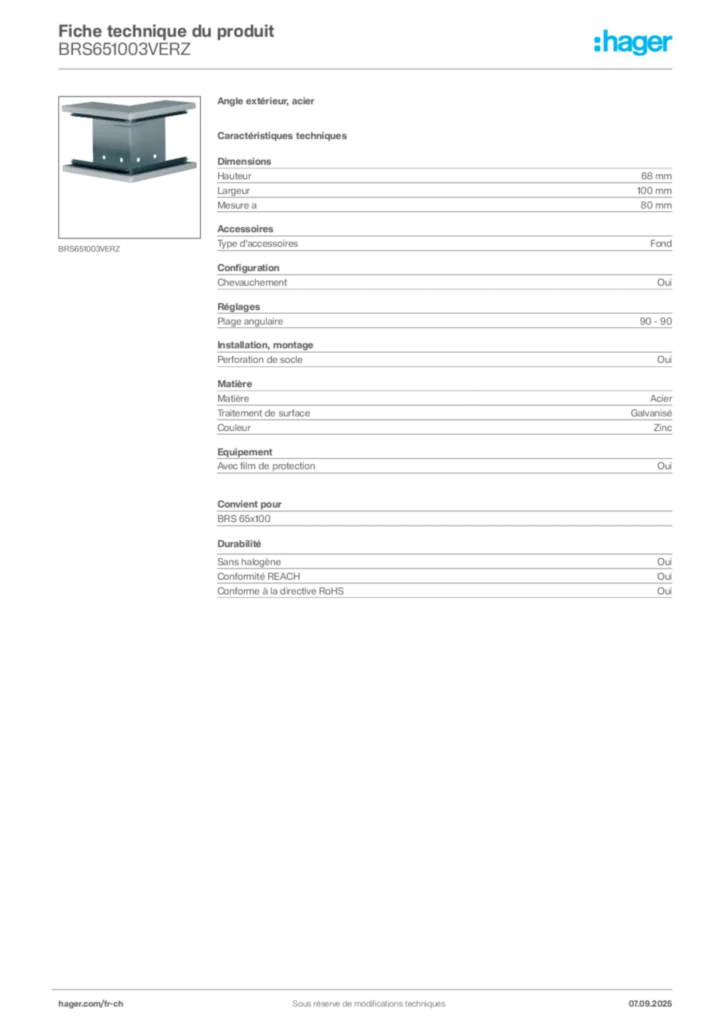 Image Hager Fiche technique du produit BRS651003VERZ | Hager Suisse