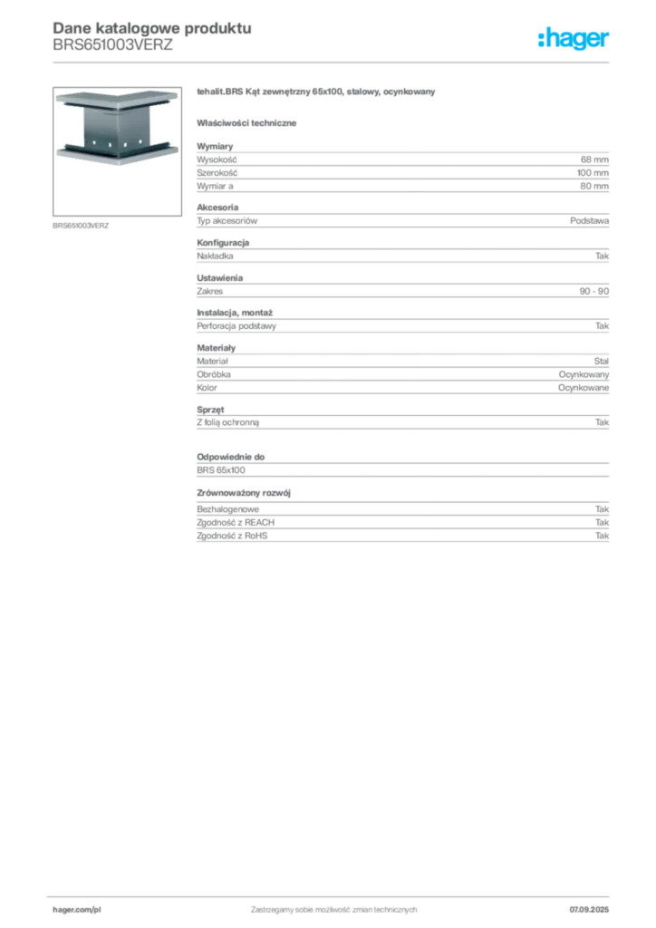 Zdjęcie Hager Dane katalogowe produktu BRS651003VERZ | Hager Polska