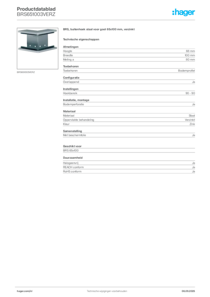 Afbeelding Hager Productdatablad BRS651003VERZ | Hager Nederland