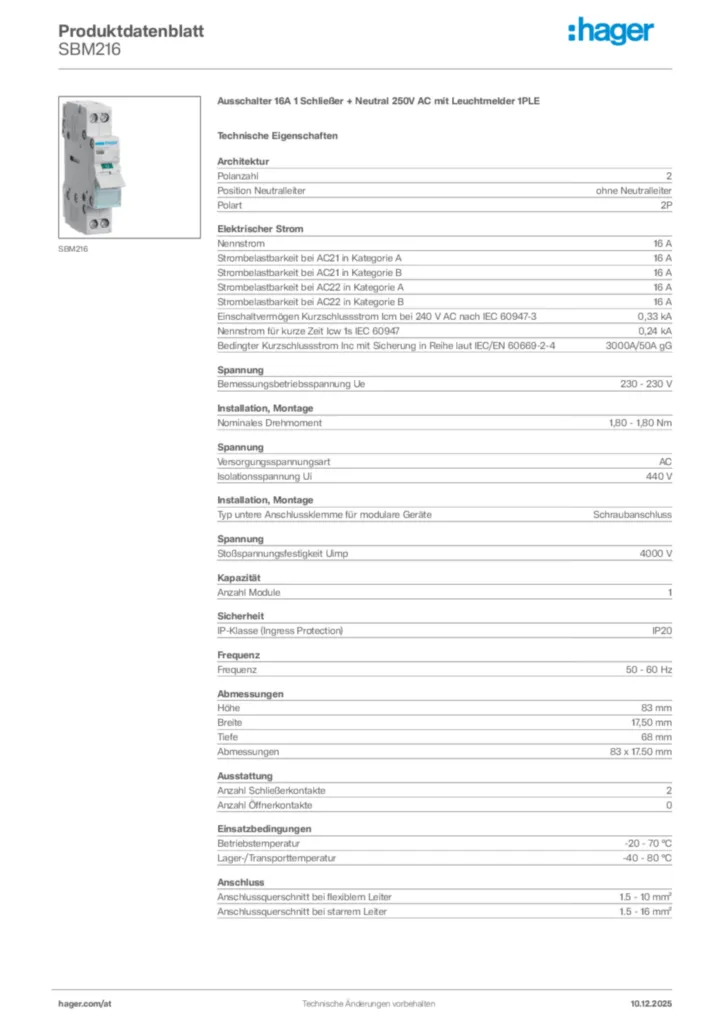 Bild Hager Produktdatenblatt SBM216 | Hager Deutschland