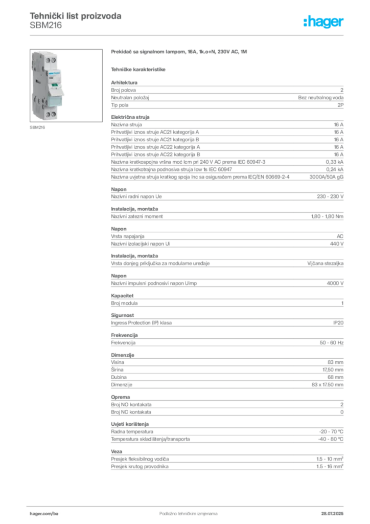 Slika Hager Product data sheet SBM216  | Hager