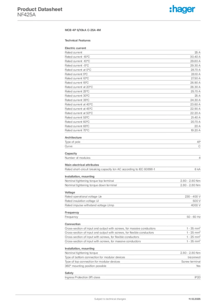Image Hager Product data sheet NF425A  | Hager Africa