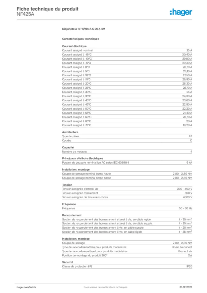 Image Hager Fiche technique du produit NF425A | Hager Afrique